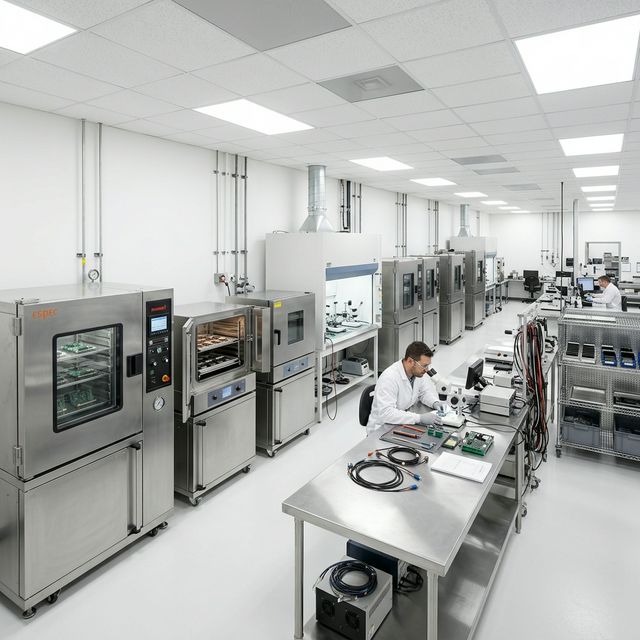 Phòng thí nghiệm QC với tủ môi trường và thiết bị kiểm tra trong nhà máy sản xuất