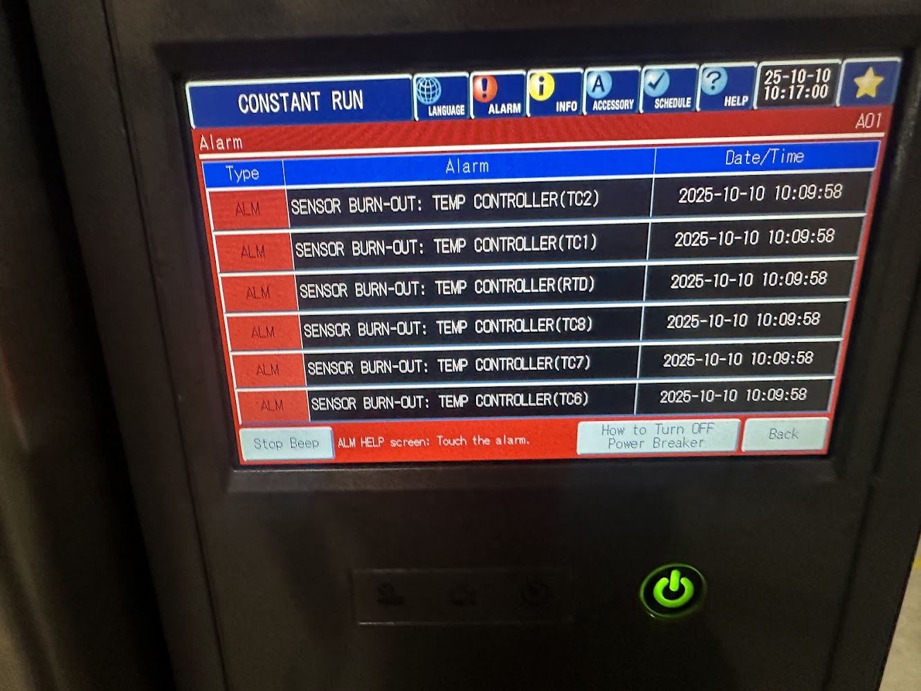 Màn hình bộ điều khiển tủ thử nghiệm báo lỗi SENSOR BURN-OUT khi sửa chữa tủ thử nghiệm ESPEC